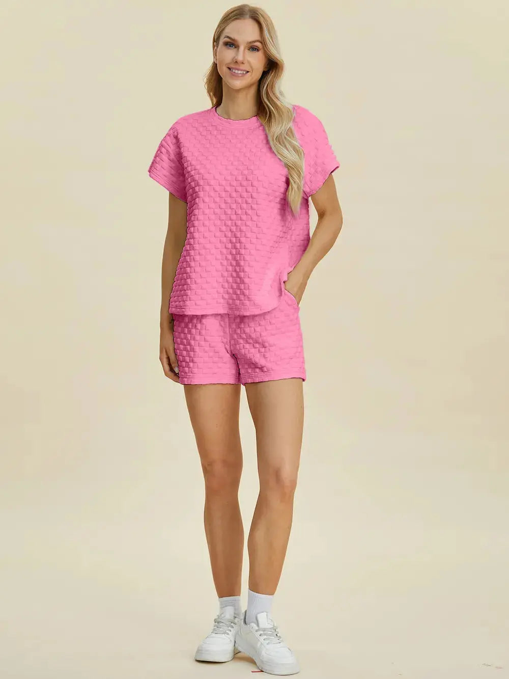 Double Take Full Size Texture T-Shirt and Shorts Set  Style Ratio