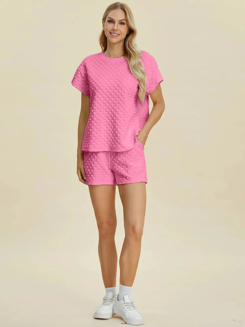 Double Take Full Size Texture T-Shirt and Shorts Set  Style Ratio