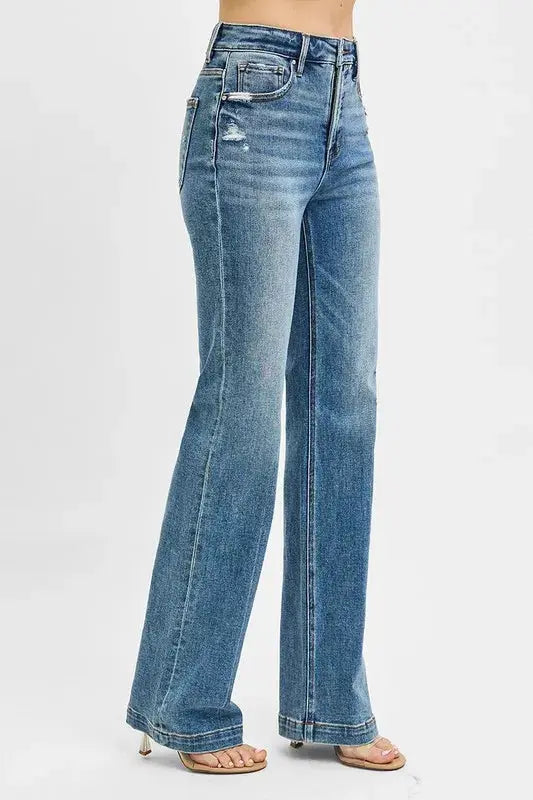 RISEN Full Size Distressed Detail Bootcut Jeans  Style Ratio