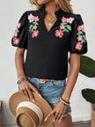 Floral Puff Sleeve Notched Blouse  Style Ratio