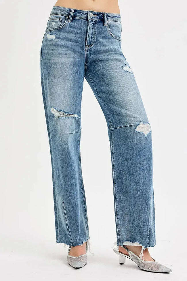 RISEN Full Size Mid Rise Fit Wide Baggy Leg Tie Washed Jeans  Style Ratio