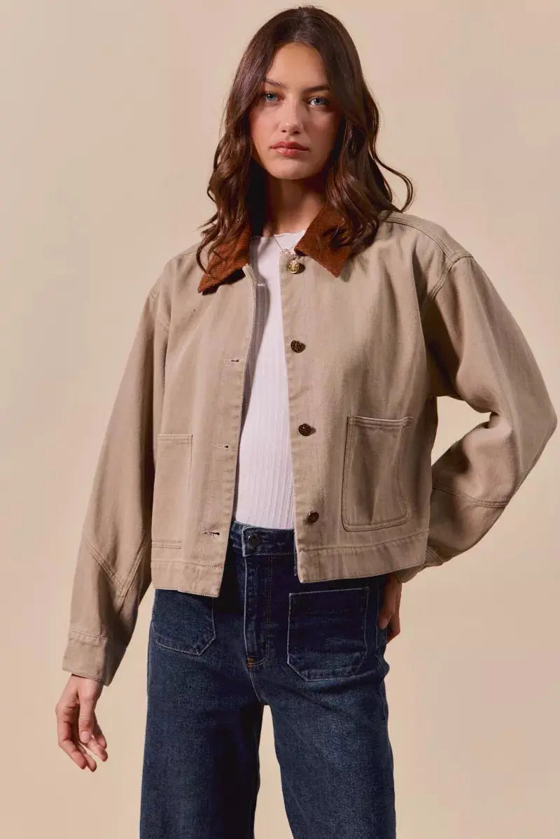SO ME Cotton Twill Cropped Barn Jacket wtih Collar  Style Ratio