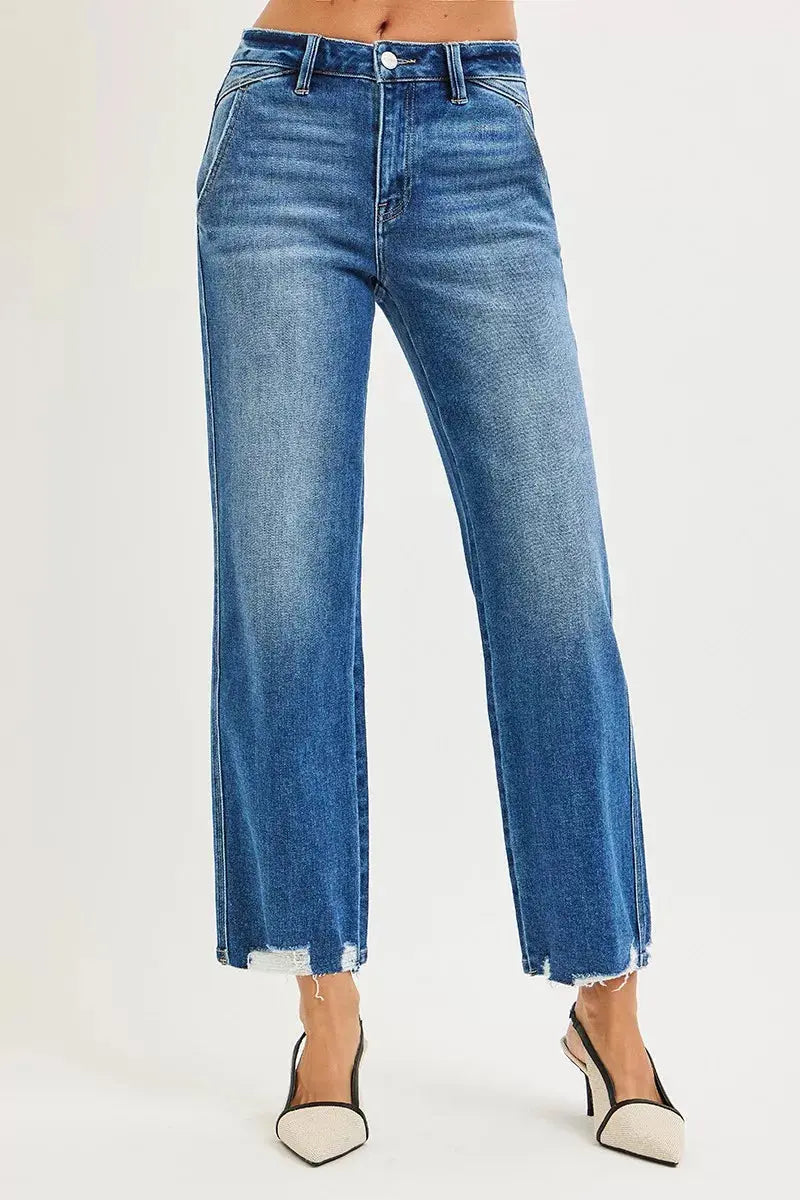 RISEN High Rise Ankle Straight Distressed Hem Detail Jeans  Style Ratio