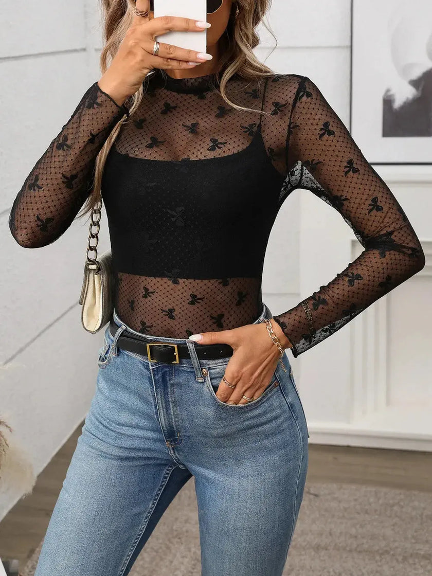 Floral Mock Neck Long Sleeve Mesh Top  Style Ratio