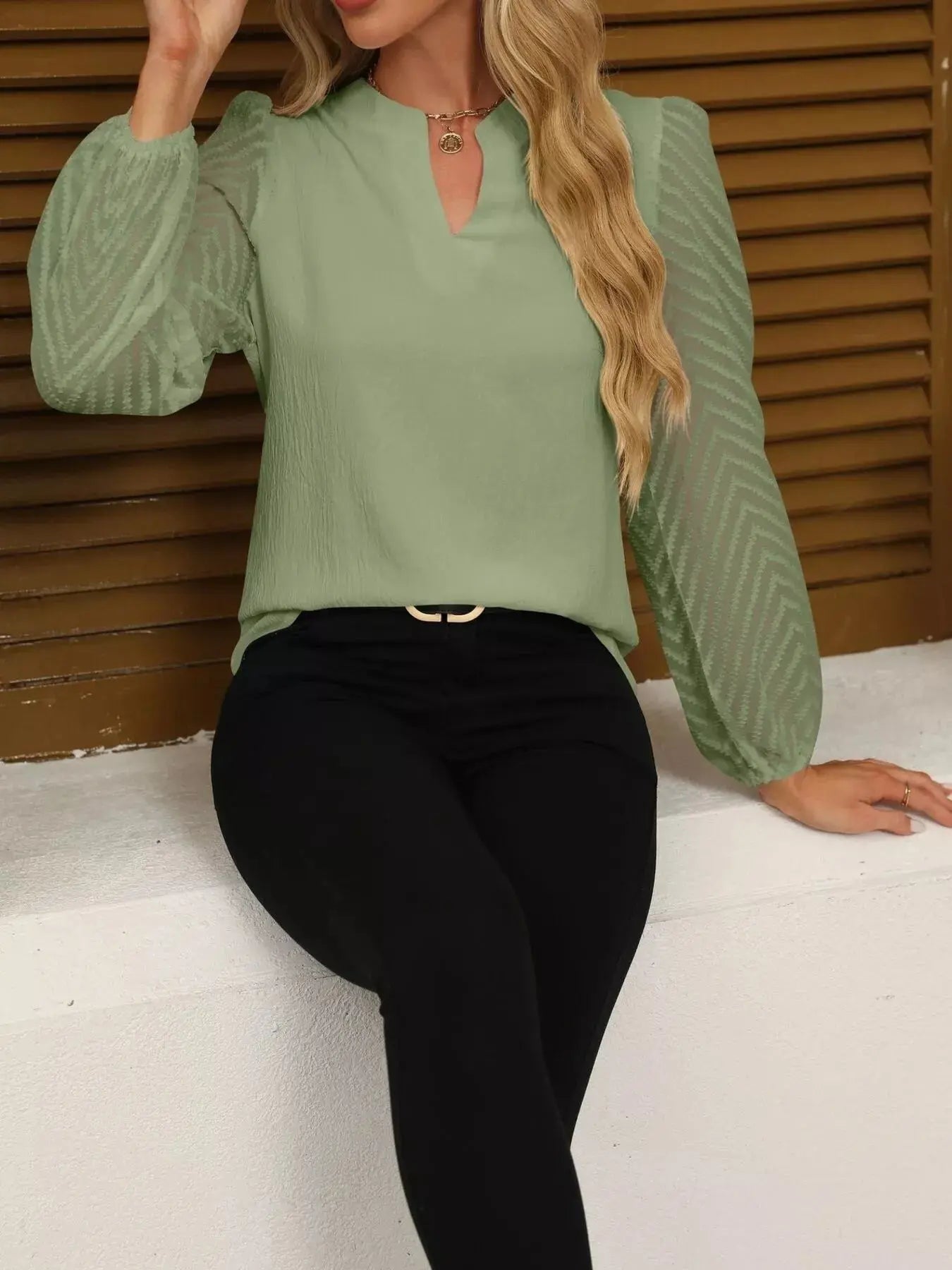 Notched Balloon Sleeve Blouse  Style Ratio