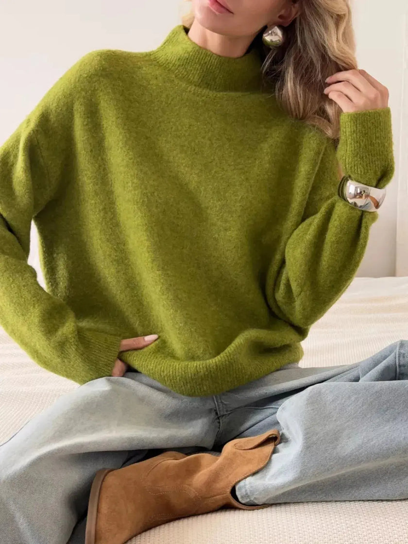 Mock Neck Dropped Shoulder Sweater  Style Ratio