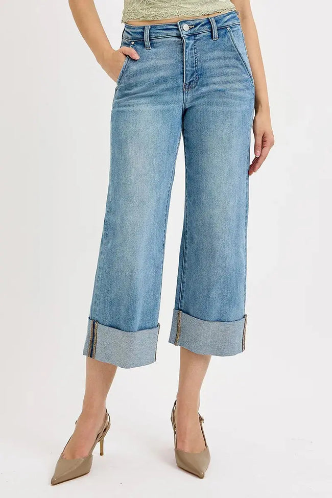 RISEN Full Size Tummy Control High Rise Ankle Wide Cuffed Jeans  Style Ratio