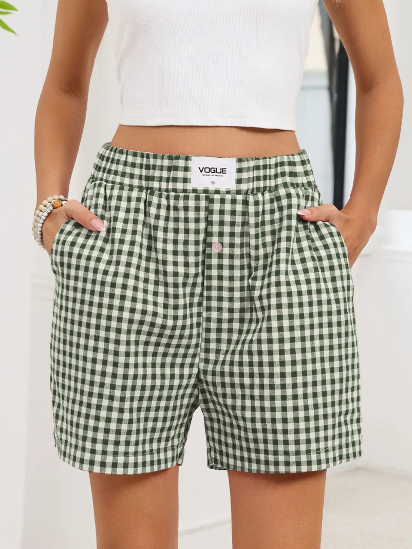 Gingham Elastic Waist Casual Shorts  Style Ratio