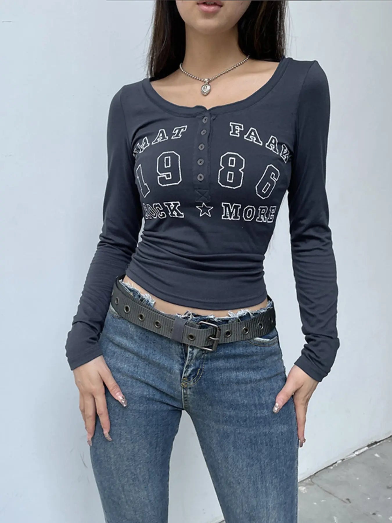 Letter Graphic Button Detail Long Sleeve Shirt  Style Ratio