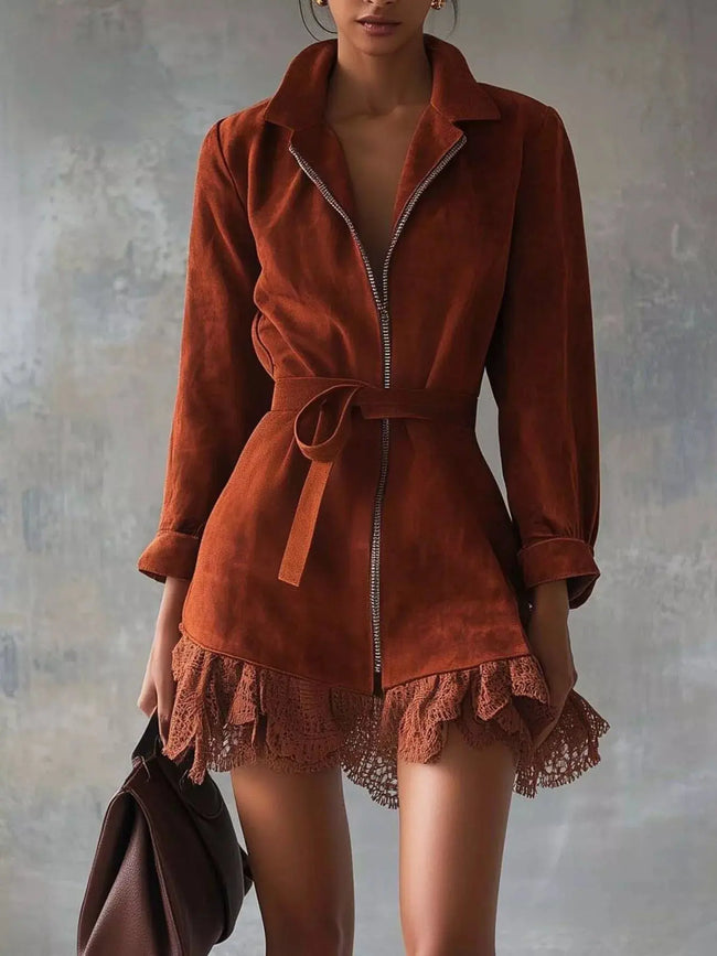 Lace-Trim Zip Front Dress  Style Ratio