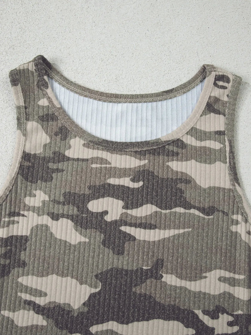 Camouflage Print Ribbed Knit Round Neck Tank Top  Style Ratio