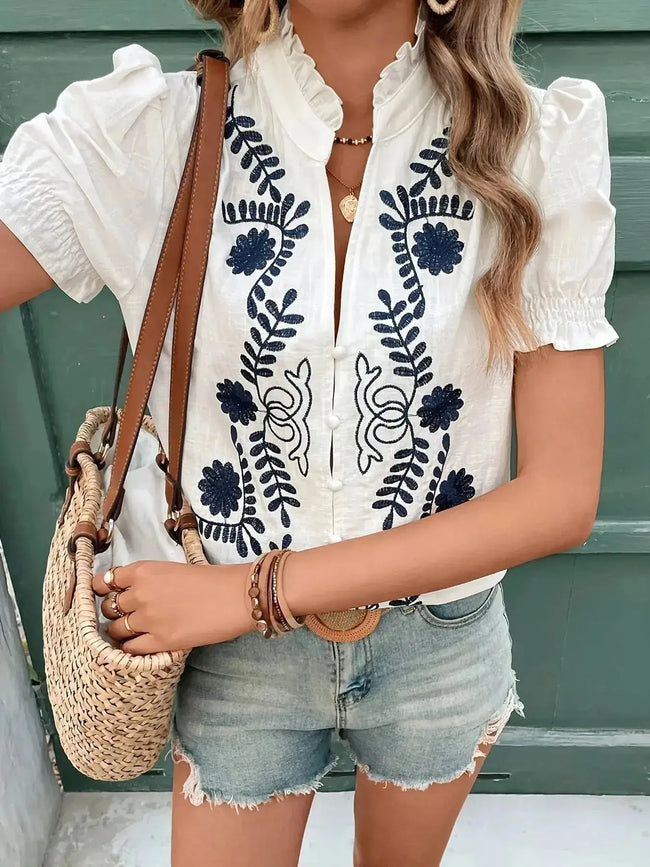 Embroidered Puff Sleeve Blouse  Style Ratio
