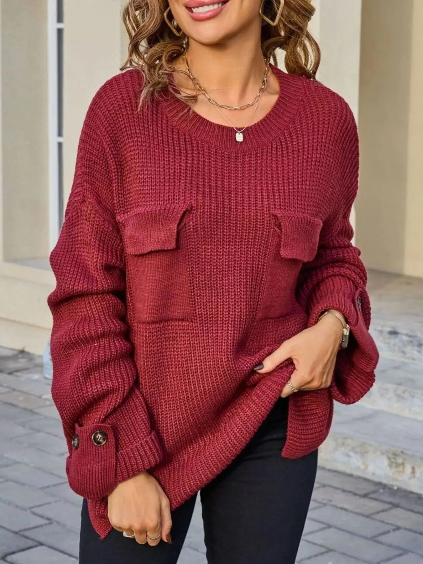 Pocket Detail Round Neck Sweater  Style Ratio