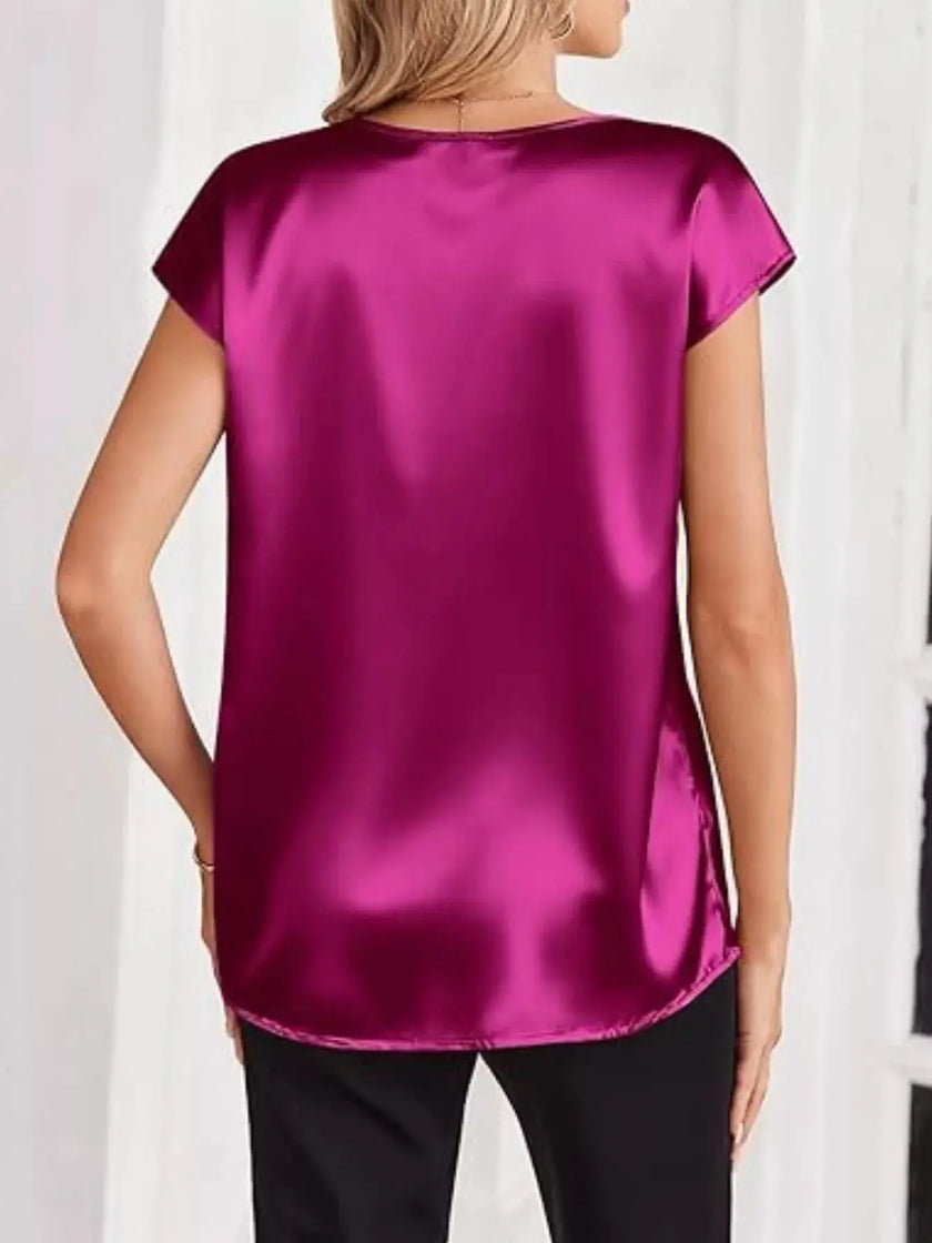 Satin V-Neck Short Sleeve Blouse  Style Ratio
