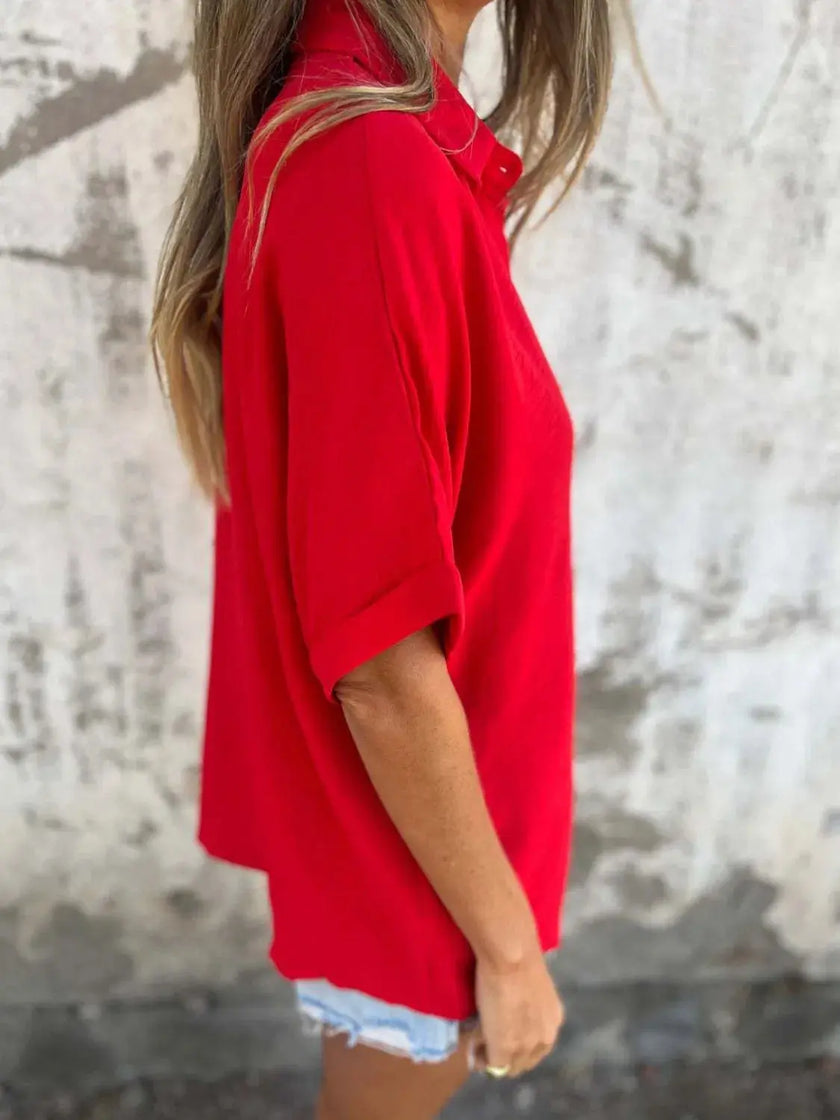 Full Size Collared Neck Half Sleeve Shirt  Style Ratio