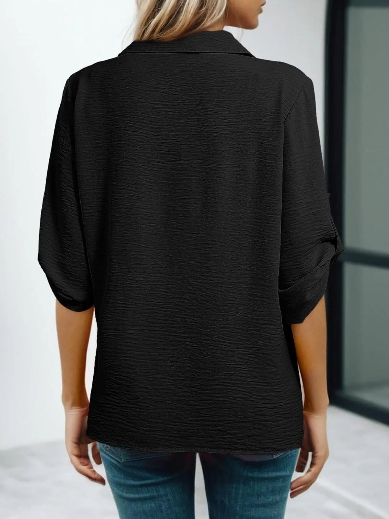 Johnny Collar Roll-Up Sleeve Blouse  Style Ratio