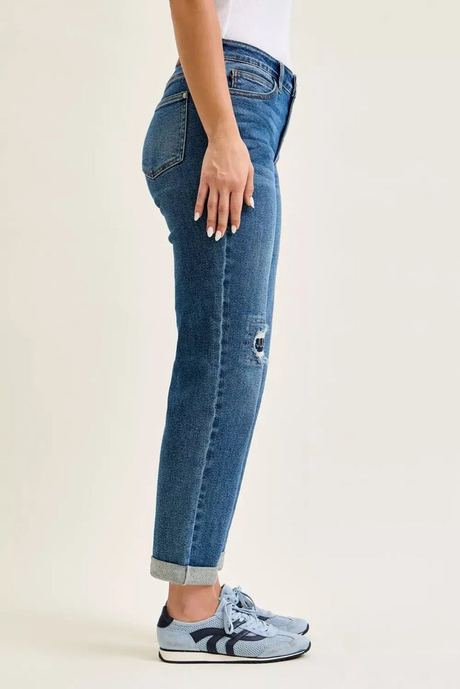 Judy Blue Mid Rise Boyfriend Embroidered Repair Patch Jeans  Style Ratio