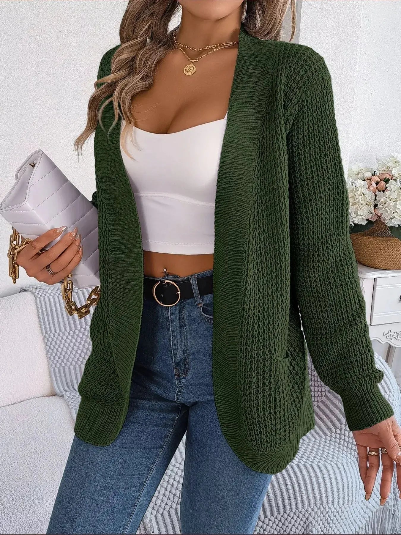 Chunky Knit Open Front Cardigan with Pockets  Style Ratio