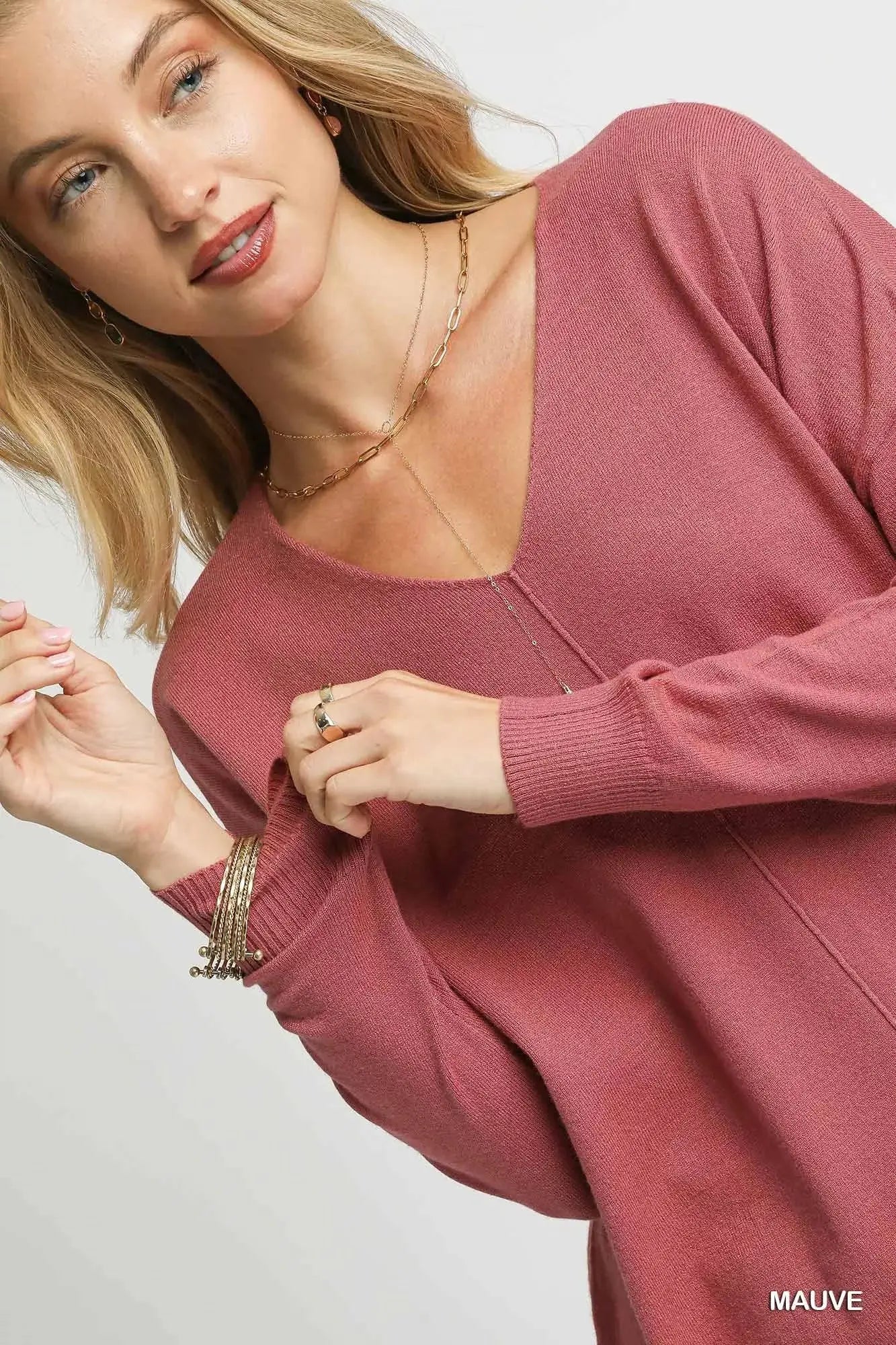Umgee V Neck High Low Hem Sweatshirt with Side Slit  Style Ratio