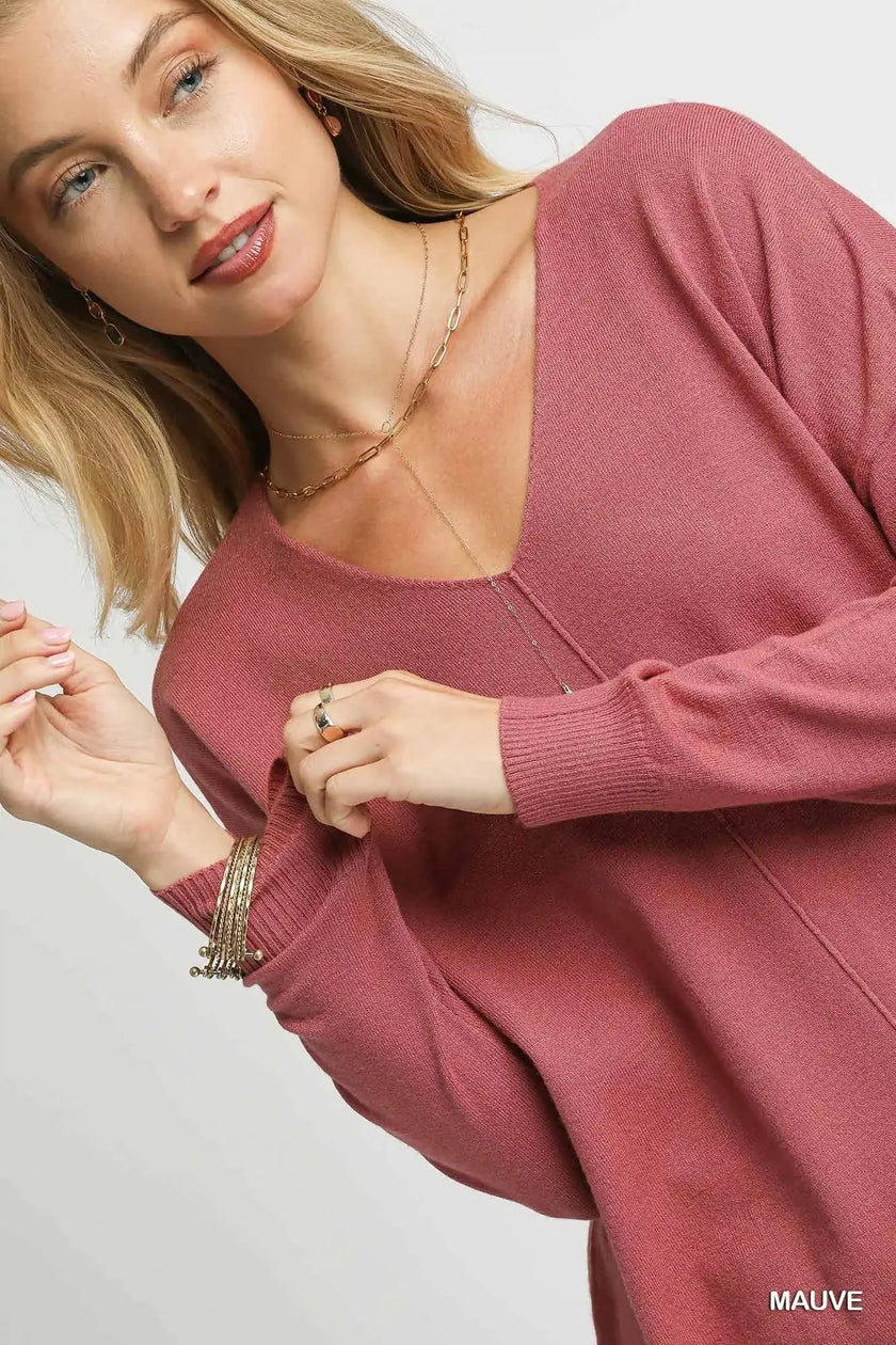 Umgee V Neck High Low Hem Sweatshirt with Side Slit  Style Ratio