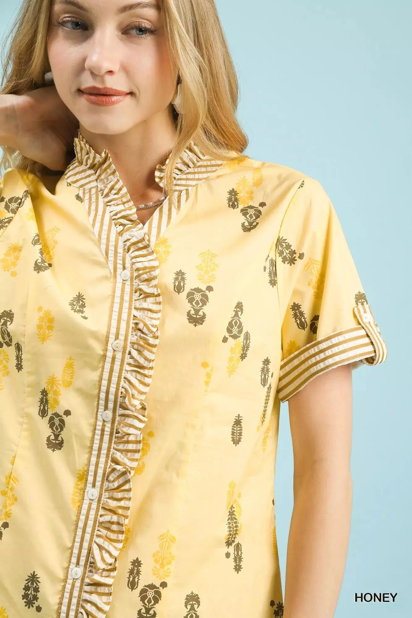 Umgee Printed Ruffle Trim Button Front Blouse  Style Ratio