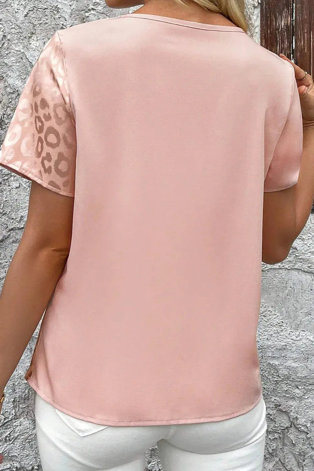 Leopard Jacquard Patchwork Crisscross V Neck Short Sleeve Blouse  Style Ratio