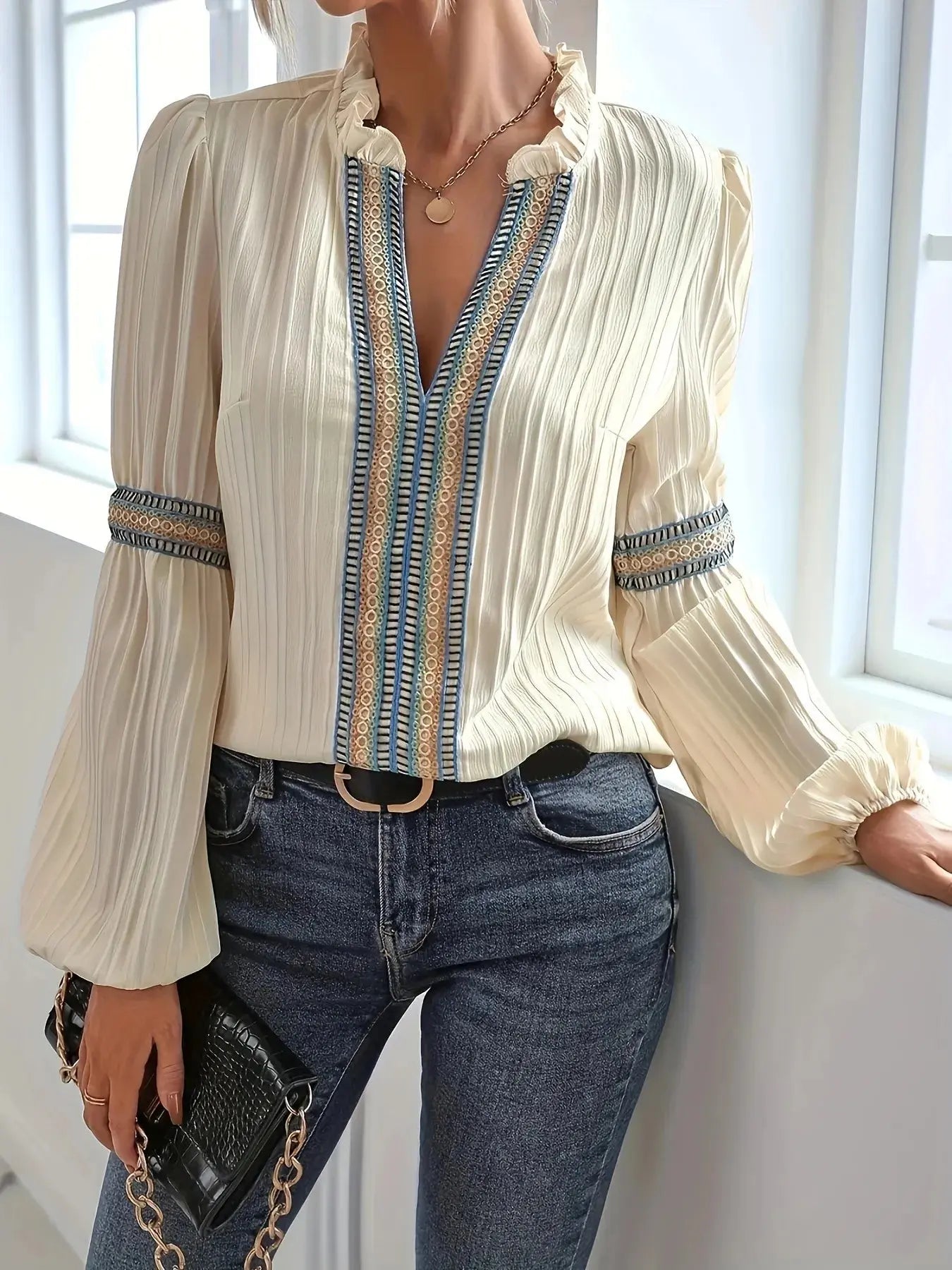 Notched Textured Balloon Sleeve Blouse  Style Ratio