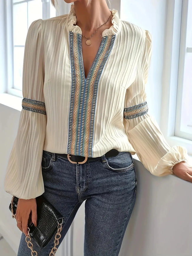 Notched Textured Balloon Sleeve Blouse  Style Ratio
