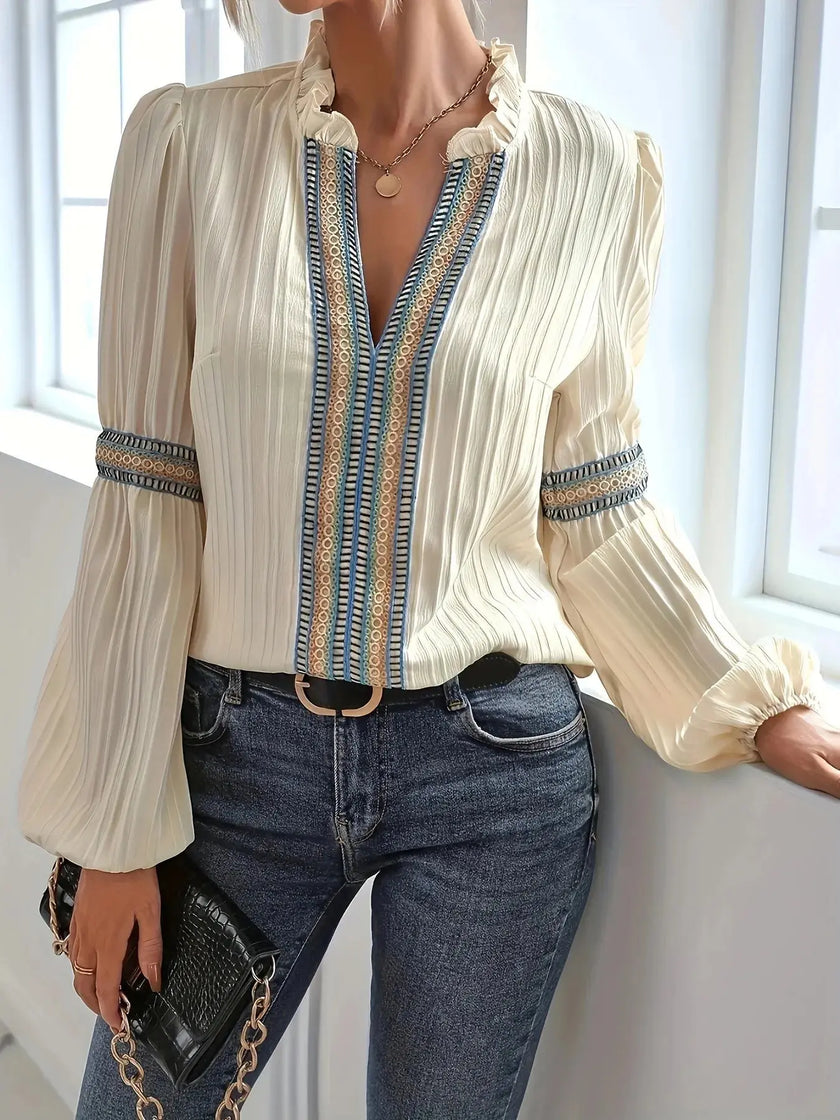 Notched Textured Balloon Sleeve Blouse  Style Ratio