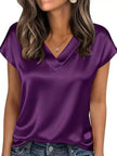 Satin V-Neck Short Sleeve Blouse  Style Ratio