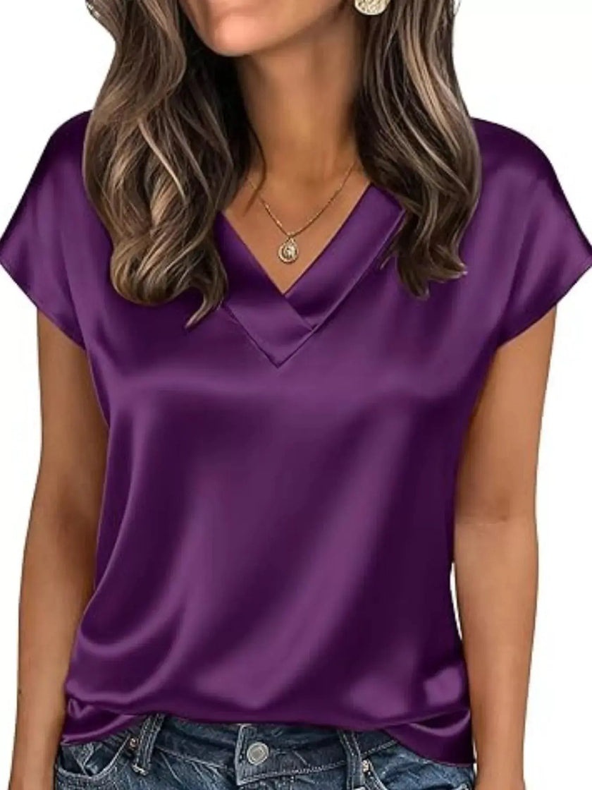 Satin V-Neck Short Sleeve Blouse  Style Ratio