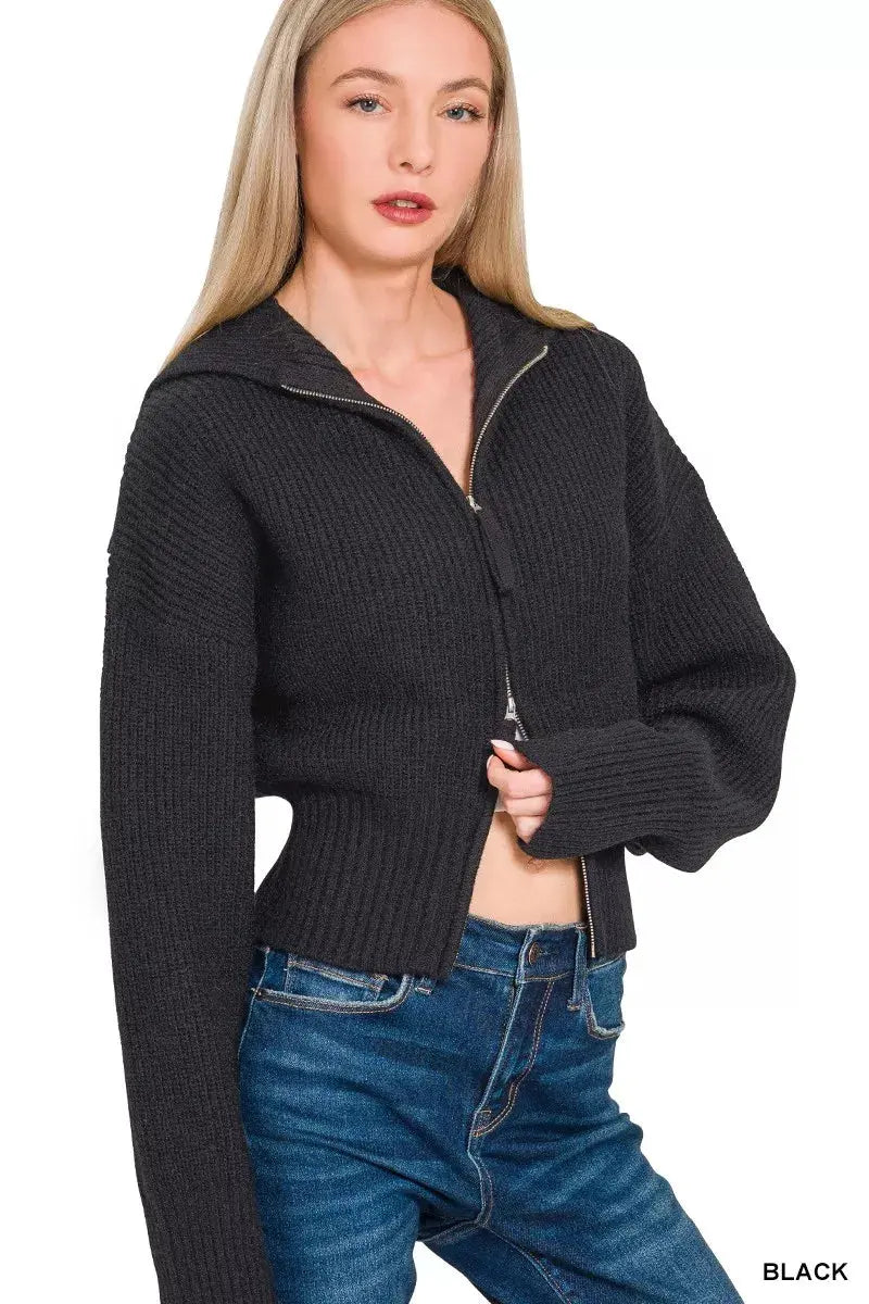 Zenana Ribbed Collared Zip Up Cardigan  Style Ratio