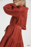 Umgee Crinkle Button-Front Tiered Mini Dress with Waist Tie  Style Ratio