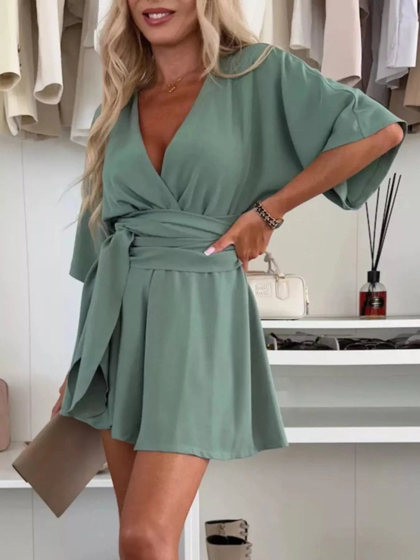 Full Size Surplice Tie Waist Romper  Style Ratio