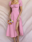 Puff Sleeve Tie Front Slit Midi Dress  Style Ratio