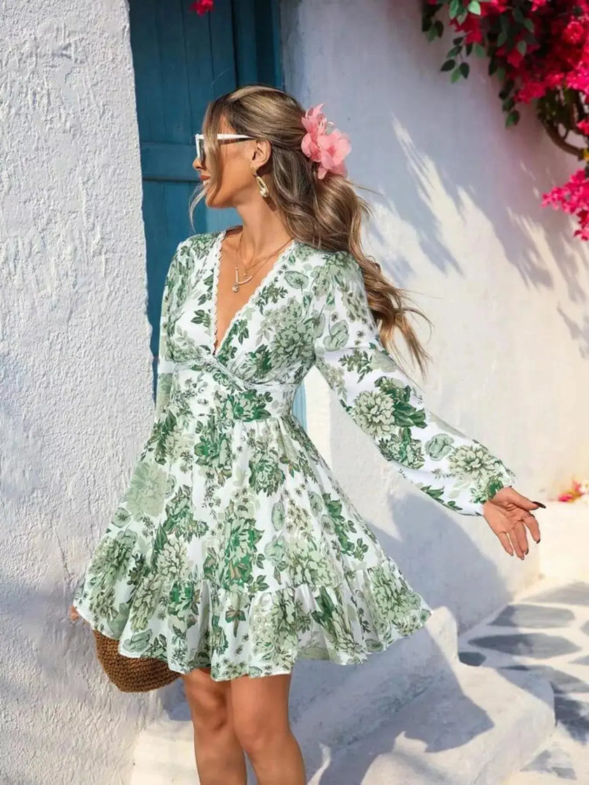 Full Size Floral Print V-Neck Long Sleeve Ruffle Hem Mini Dress  Style Ratio