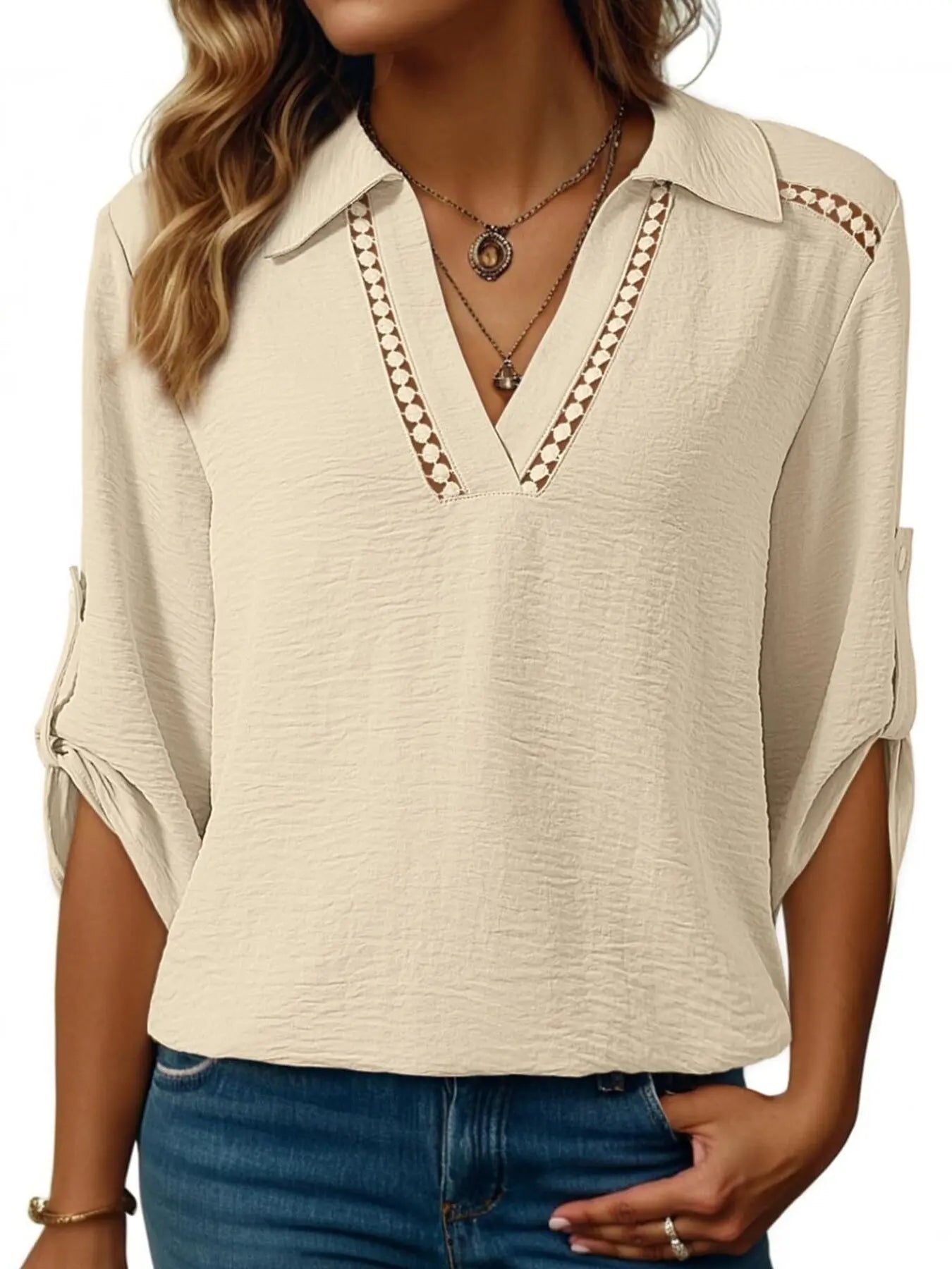 Johnny Collar Roll-Up Sleeve Blouse  Style Ratio