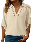 Johnny Collar Roll-Up Sleeve Blouse  Style Ratio