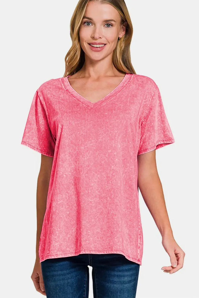 Zenana Full Size Washed Short Sleeve V Neck Shirt  Style Ratio