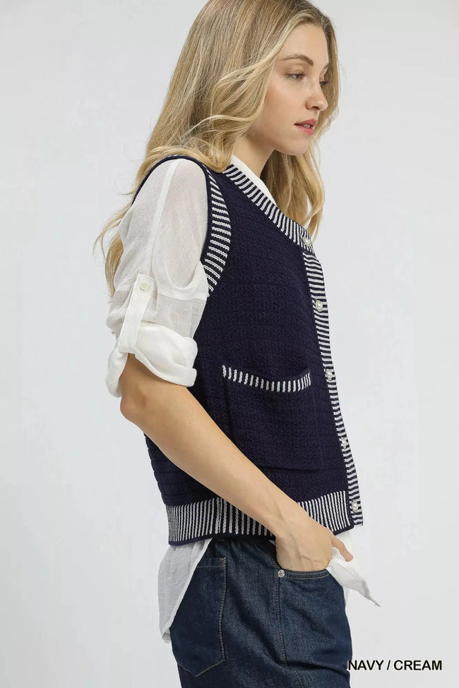 Umgee Contrast Striped Trim Button Down Sweater Vest  Style Ratio
