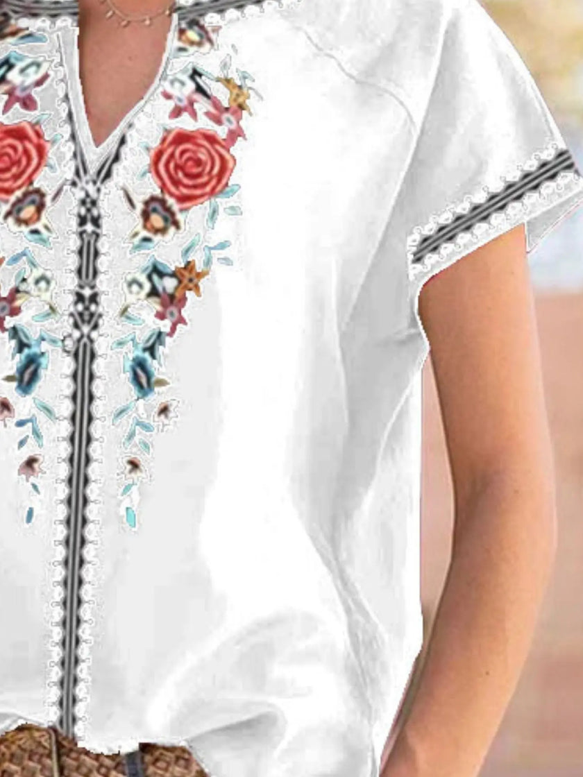 Full Size Floral Notched Short Sleeve Blouse  Style Ratio