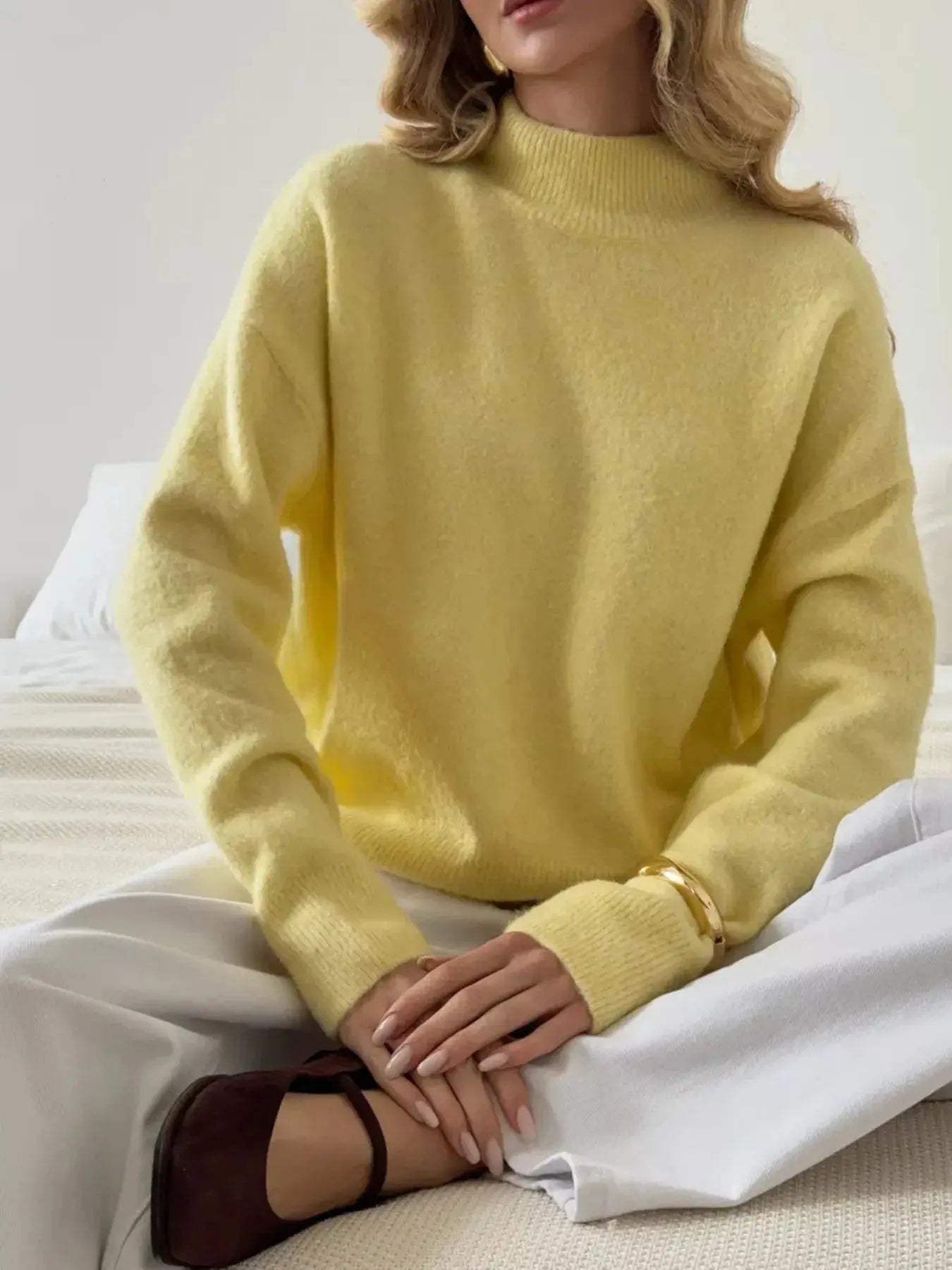 Mock Neck Dropped Shoulder Sweater  Style Ratio