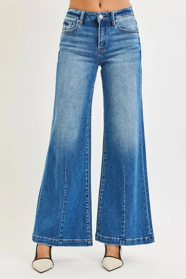 RISEN Full Size Mid Rise Wide Leg Jeans with Flared Look  Style Ratio