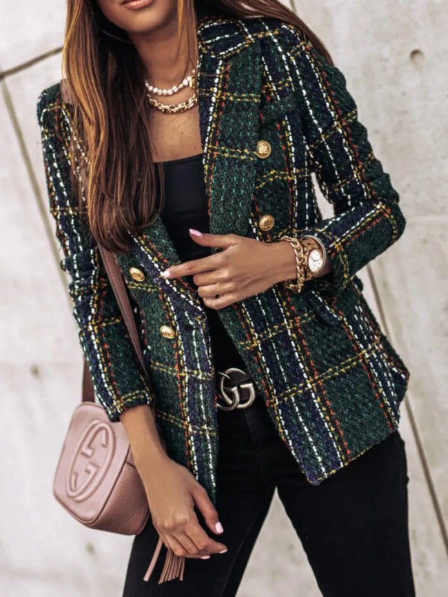 Full Size Plaid Tweed Double-Breasted Blazer Plus Size  Style Ratio