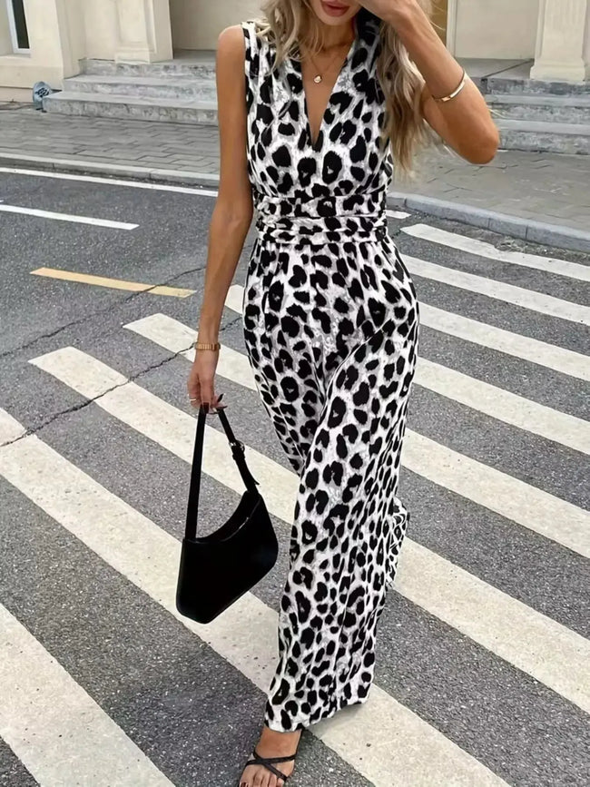 Sleeveless V Neck Leopard Print Jumpsuit  Style Ratio