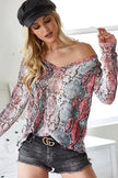 BiBi Snakeskin Print Low Gauge Hacci V Neck Long Sleeve Top  Style Ratio
