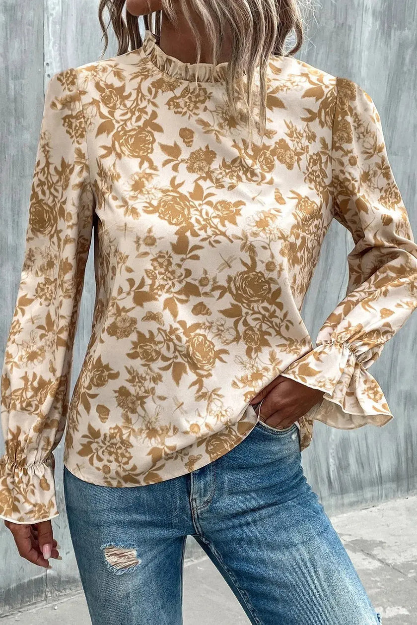 Floral Print Mock Neck Flounce Sleeve Blouse  Style Ratio