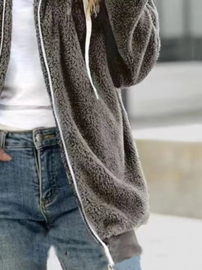 Full Size Cozy Fleece Zip-Up Hooded Jacket  Style Ratio