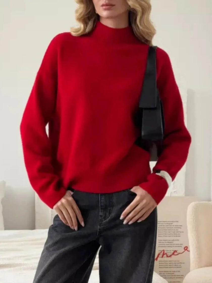 Mock Neck Dropped Shoulder Sweater  Style Ratio