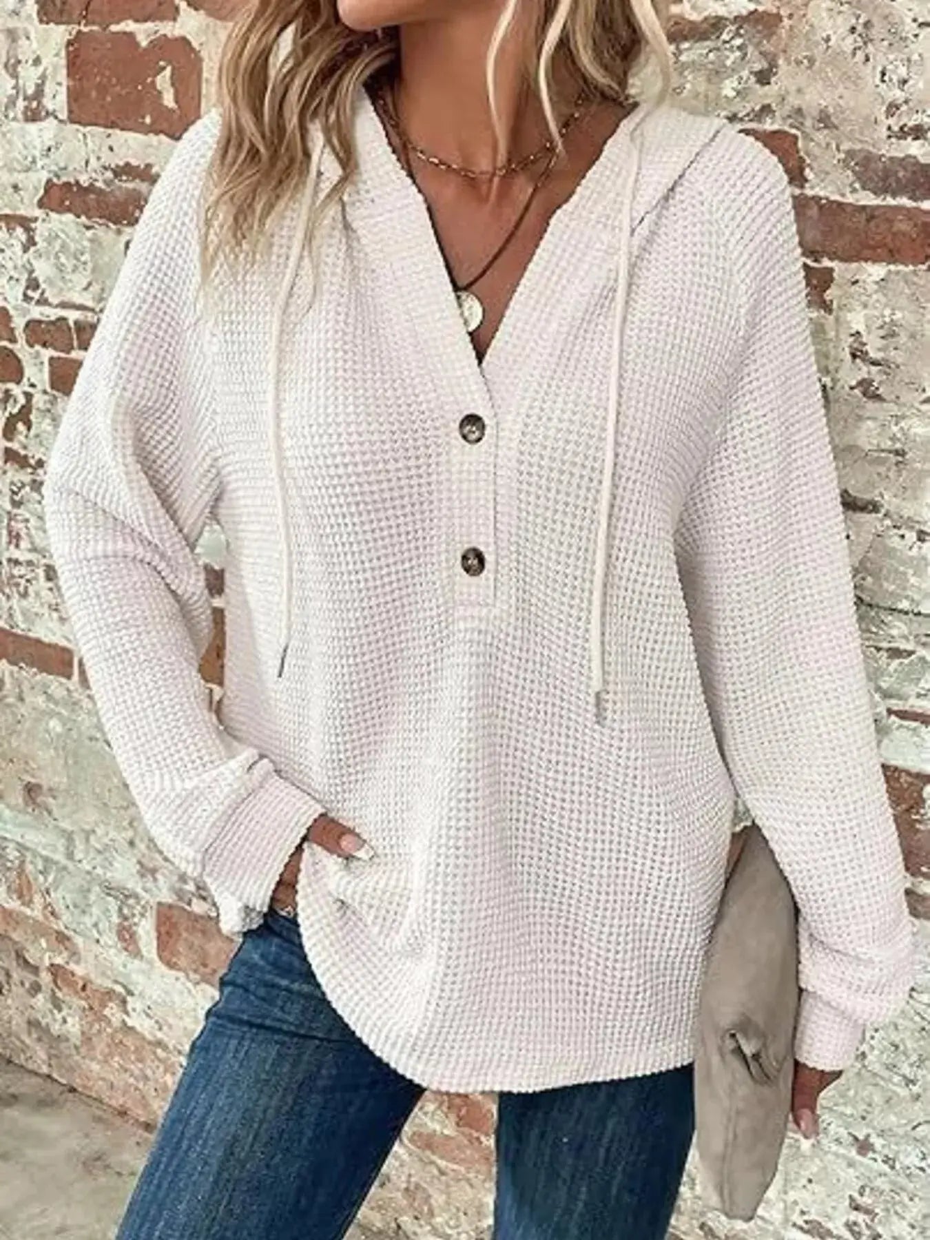 Full Size Button Detail Waffle Knit Hoodie  Style Ratio